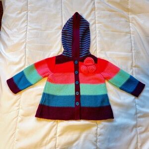 FIRST IMPRESSIONS PLAY brand Colorful Striped Hooded Cardigan with Floral Accent